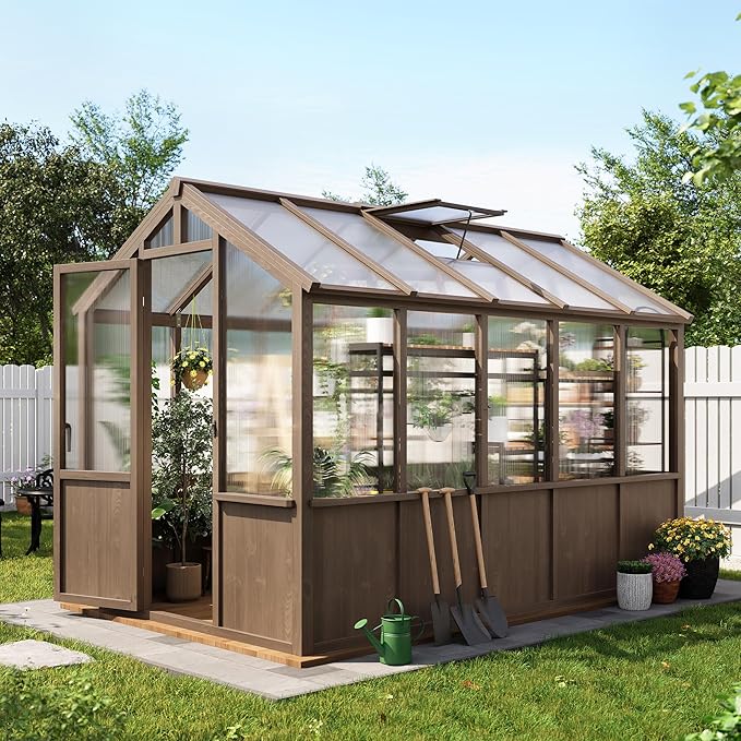 6x10 FT Greenhouse - Large Wooden Greenhouses for Outdoors, Heavy Duty Spruce Frame Greenhouse with PC Panels, Adjustable Roof Vents & Lockable Door, Walk-in Green Houses for Garden, Backyard, Patio