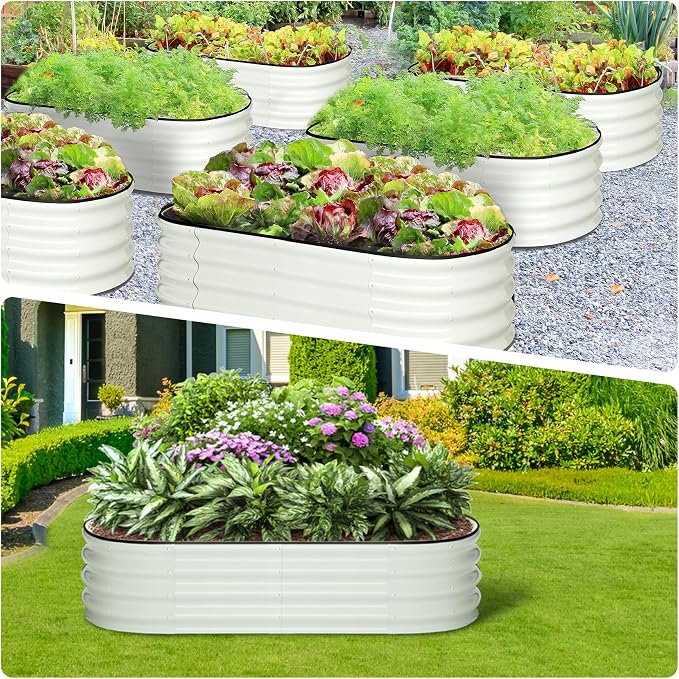 GarveeLife 2 Pcs 4.5x2x1.5ft Oval Raised Garden Bed,Galvanized Raised Beds,Open-Ended Base Metal Raised Planter Beds,Garden Bed Outdoor,Planter Raised Boxes for Vegetables,Flowers,Tool-Free Asse,White