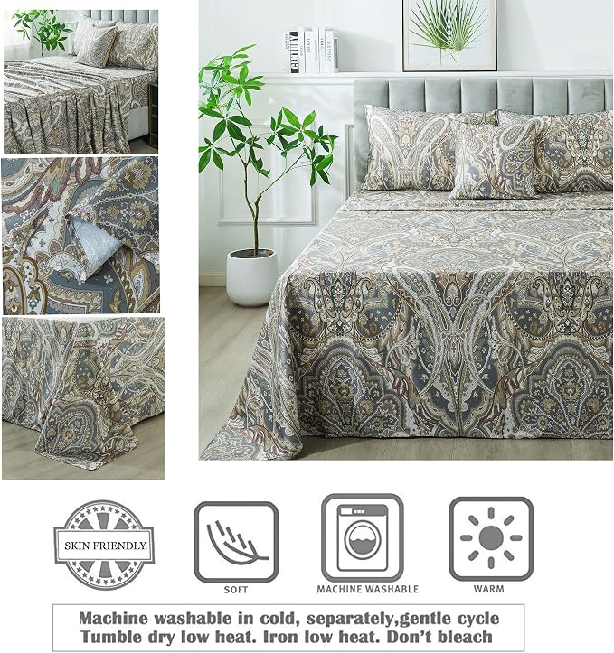 FADFAY Paisley Sheets Set Full Classic Boho Paisley Bedding Luxurious Bohemian Damask Paisley Bed Sheet Set Breathable 100% Egyptian Cotton 800 Thread Count Deep Pocket Fitted Sheet 4Pcs, Full Size