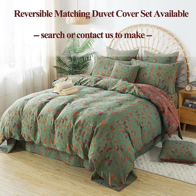 FADFAY Butterfly Sheets Set King Vintage Green Red Floral Bedding Shabby Farmhouse Bedding Super Soft Washed Double -Layer Muslin Sheets 100% Cotton Deep Pocket Fitted Sheet 4Pcs, King Size