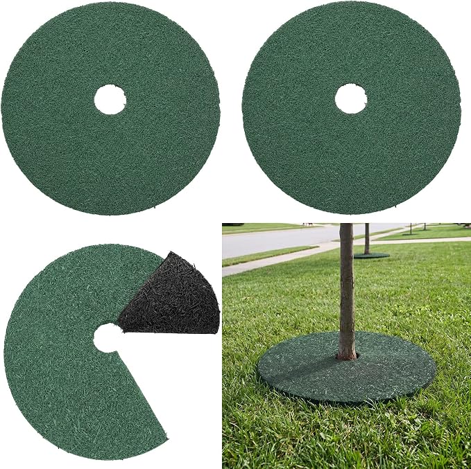 Peryiter 3 Pcs Double Side Rubber Mulch Tree Ring Heavy Duty Rubber Mulch Mat Tree Protector Weed Barrier Mats Reversible Round Root Ring for Prevent Weed Grass Animal Dig (20 Inch,Green and Black)
