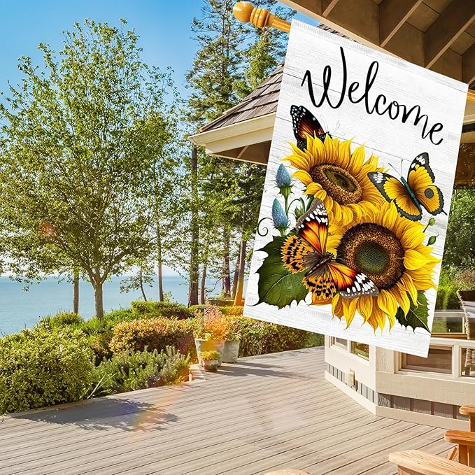 Summer Sunflower Butterfly Garden Flag 12x18 inch Double Sided Welcome Burlap House Flag, Small Outdoor Yard Flag for Garden Porch Farmhouse Decor