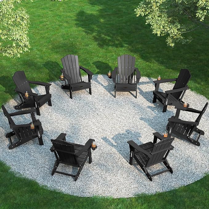 THOEOE Folding Adirondack Chair Set of 8, HDPE All-Weather Outdoor Chair with Cup Holder, Wooden Textured, Fire Pit Chair, Plastic Patio Chair for Deck, Backyard, Garden, Lawn, Black