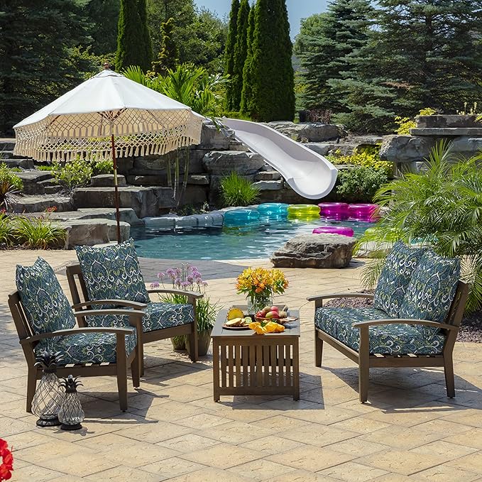 Arden Outdoor Foam Deep Seat Cushion Set, 22x24, Premium High-Density Foam, Never Flattens, Weather-Proof for Patio Chair Sofa Couch, Sapphire Aurora Blue Damask