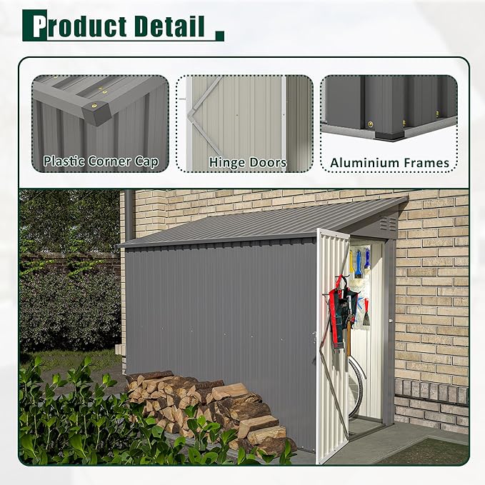 YOPTO 4x8 FT Lean to Metal Shed,Outdoor Storage Shed W/Floor Frame & Reversible Installation,All Weather Waterproof Garden Tool House W/Lockable Door & 2 Air Vents,for Backyard,Patio,Lawn,Gray