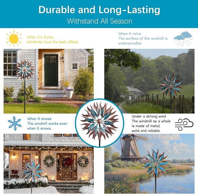 Large Wind Spinners Outdoor Metal, 360° Double-Layer Garden Wind Spinners Sculptures, 63" ×13.4", Kinetic Pinwheels for Yard and Garden Patio & Lawn (Blue Copper)