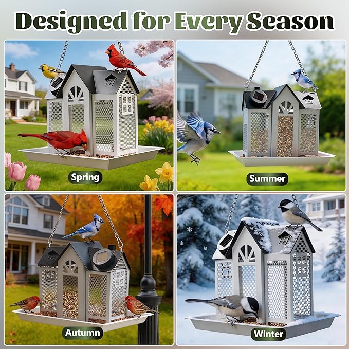 Solar Bird Feeder for Outdoors Hanging – Heavy Duty Metal Wild Bird Feeders with Solar Light & 5 Bird ID Cards – Chew Resistant Seed Feeder for Cardinal, Unique Gifts for Mom