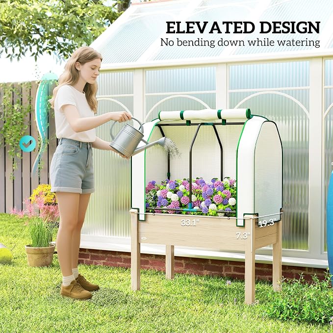 Outsunny Raised Garden Bed with PE Greenhouse Cover Outdoor Elevated Wood Planter Box for Herbs and Vegetables, Use for Patio, Backyard, Balcony, 35 x 22 x 47 inch, Natural