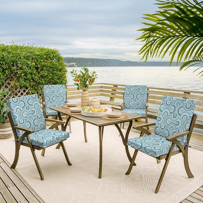 Arden 2-Pack Outdoor Patio Dining Chair Cushion, 20x44, Rain-Proof Seat Pad, Fade-Resistant Outdoor Cushion Coastal Blue Geometric