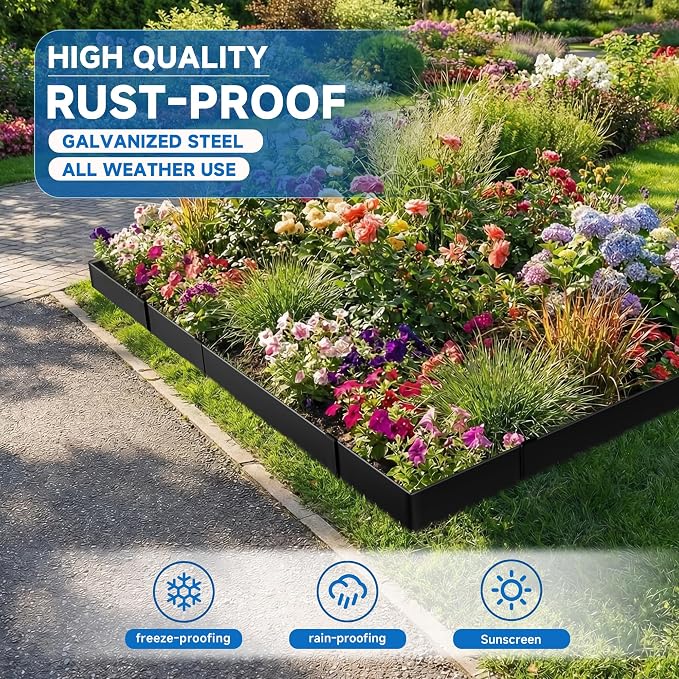 20Ft.Galvanized Steel Landscape Edging(6-Pack)-8"x40" Metal Garden Edging,7 Clips&Gloves,Hammer-in,No Dig,Rustproof,for Landscaping,Tree Rings,Garden,Yard&Pathway–Black