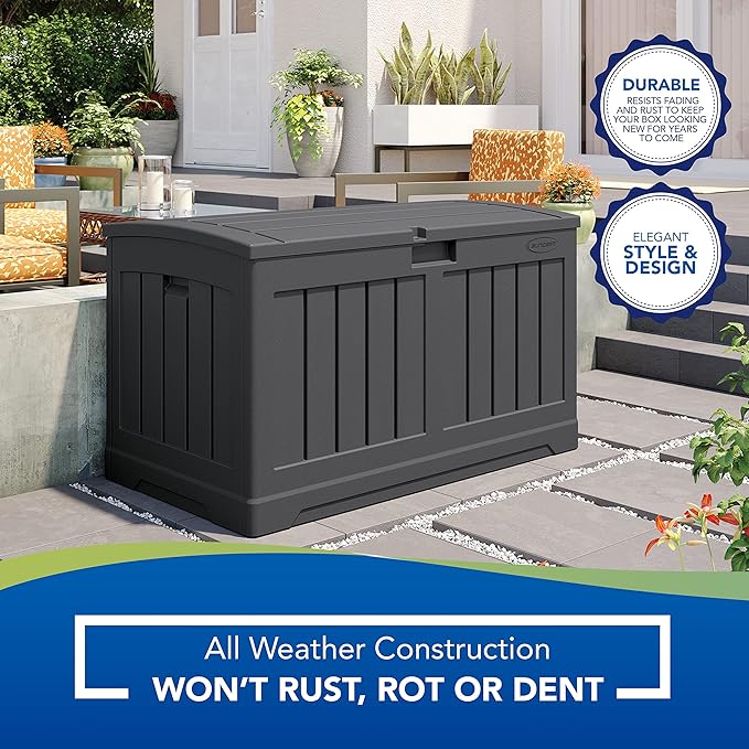 Suncast 50-Gallon Outdoor Resin Patio Deck Storage Box with Seat, Peppercorn & Keter Marvel Plus 71 Gallon Resin Deck Box-Organization and Storage for Patio Furniture Outdoor Cushions, Throw Pillows