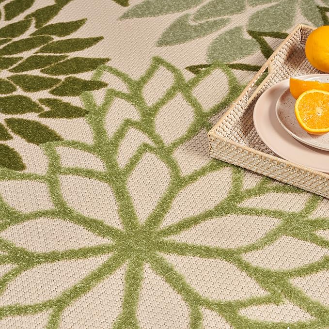 Nourison Home Aloha Indoor-Outdoor Ivory Green 9' x 12' Area Rug, Easy Cleaning, Non Shedding, Bed Room, Living Room, Dining Room, Backyard, Patio, Deck (9x12)