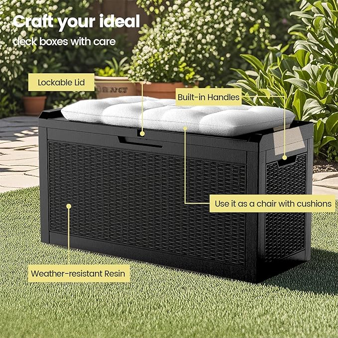 Zapdos Outdoor Storage Box, 60 Gallon Deck Box Indoor and Outdoor Use, Waterproof Resin Rattan Storage Bin for Package Storage Patio Cushions Gardening Tools, Fade Resistant, Lockable, Black