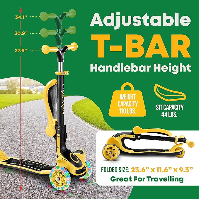 3 Wheel Scooter for Kids with Foldable Seat, Adjustable Handlebar Height, Lean-to-Steer Ride On Toy for Kids Ages 2+, Light-Up LED Wheels, Wide Anti Slip Deck, Indoor & Outdoor Use