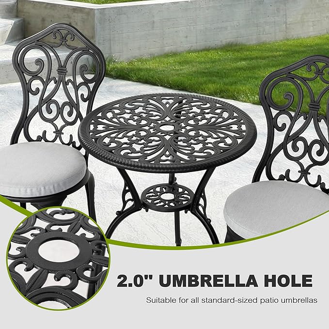 NUU GARDEN Patio 3-Piece Bistro Set with Olefin Cushions, Patio Chairs and Outdoor Round Table with Umbrella Hole, Cast Aluminum Patio Set for Lawn, Garden, Porch, Poolside, Black