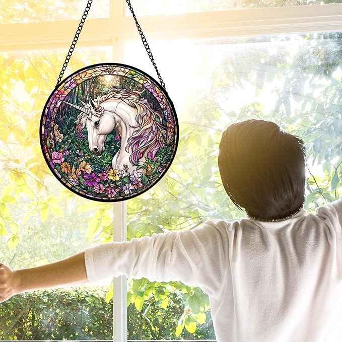 DASTOLL Stained Glass Window Hanging, Unicorn Flowers Suncatcher for Doors Home Sun Catchers Decoration and Christmas, Mother's Day Birthday Gifts for Women, Men, and Mom 11.8x11.8 in