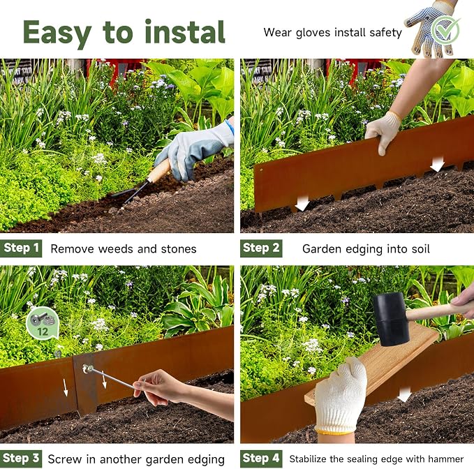 Corten Steel Landscape-40 LX 10" H Metal Garden Edging 20FT Total Rusted Lawn Edging 6 Pcs-No-Dig Hammer Heavy Duty Steel Edging-Bendable Border Strips for Lawn Yard Courtyard Pathway-6 Clips