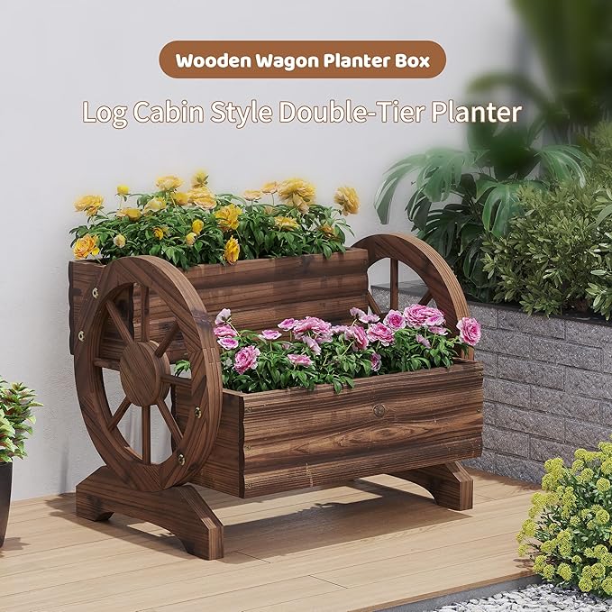 FILWH Wooden Wagon Planters for Outdoor Plants, Flower Cart, Wood Planter Boxes Outdoor, Backyard Decor, Flower Planters Outdoor with Wheels Planter for Flowers Vegetables (Carbonized)