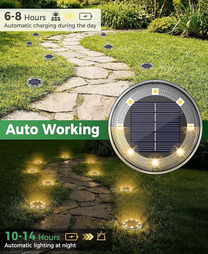 LOTMOS 20 Pack Solar Ground Lights Outdoor, 8 LED Solar Flat Lights IP68 Waterproof Disc Light, Landscape Lighting Solar Powered for Garden Yard Path Driveway Lawn Patio Walkway, Warm White
