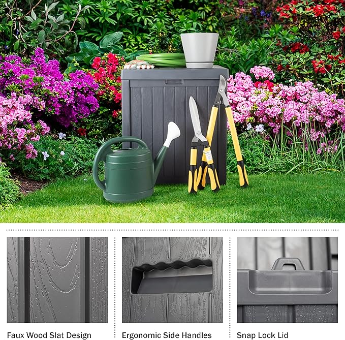 Pure Garden Outdoor Storage Box, 50-Gallon Waterproof Deck Box, Durable Resin Storage Box with Snap-lock Lid and Built-in Handles for Backyard, Deck or Patio, Gray