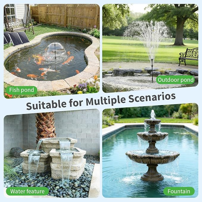 POPOSOAP 100W Solar Water Fountain Pump, 1200GPH Adjustable Flow & Dry-Run Protection Pond Pump, Dual Solar Panels, 3 Spray Nozzles, Solar Fountain Pump Kit for Outdoor Ponds, Water Garden P1100
