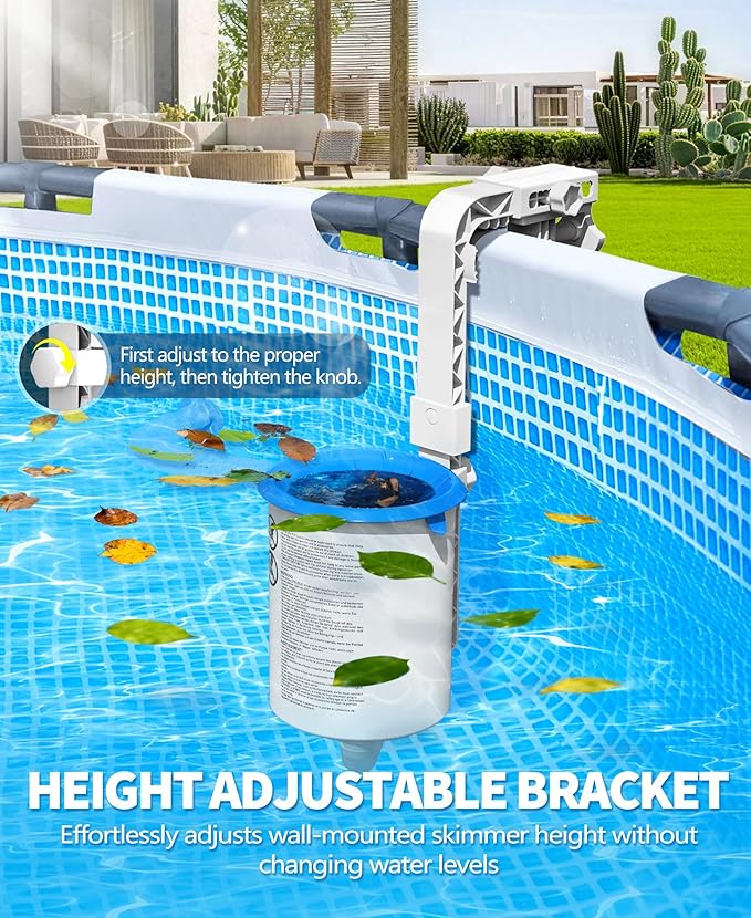DeeprClean Upgrade Above Ground Pool Skimmer Comes with 3 Socks, Anti-tilt Wall Mount Surface Skimmer, Removable Skimmer Basket, Adjustable Height Bracket, Auto Skimming Pool Surface Leaves - White