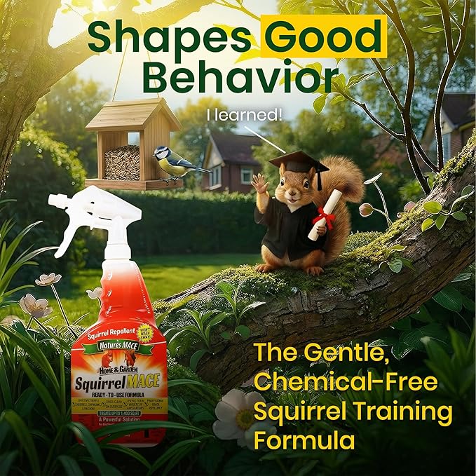 Nature's Mace Squirrel Mace, Squirrel Repellent Outdoor, 40 Ounce Spray, Squirrel and Chipmunk Repellent, Keep Squirrels Out of Your Garden, Attic, Bird Feeders, Fruit Trees, Plants, Potted Plants
