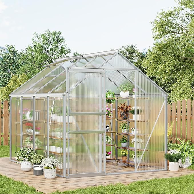 6x8FT Greenhouse for Outdoors, Walk-in Polycarbonate Greenhouse with Sliding Door, Adjustable Roof Vent & Gutter System, Portable Outdoor Green House Kit for Winter Gardening