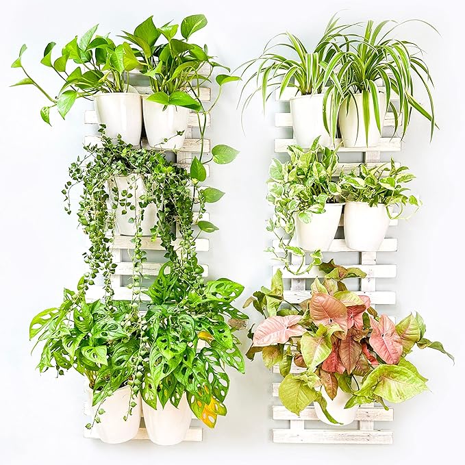 ShopLaLa Wooden Wall Planters - 2 Pack Wall Mounted Plant Holder for Hanging Flower Pots Farmhouse Rustic White Wood Garden Vertical Living Herb Balcony Unique Large Green Decor 35.4" (90cm)
