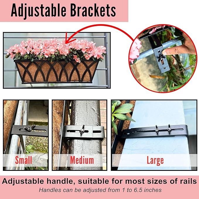 LaLaGreen Railing Planter Boxes (24 Inch, 4 Pack) Black Metal Rectangular Window Flower Box with Coco Liner, Wall Hanging Planters for Outdoor Plants Bracket Holder Deck Rail Fence Balcony Patio Porch