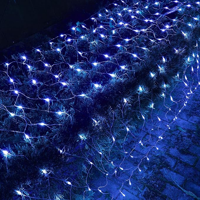 Dazzle Bright Christmas Net Lights, 360 LED 12FT x 5 FT Transparent Wire Waterproof Connectable String Lights with 8 Modes Christmas Decoration Outdoor Lights for Bushes Garden Party Holiday (Blue)