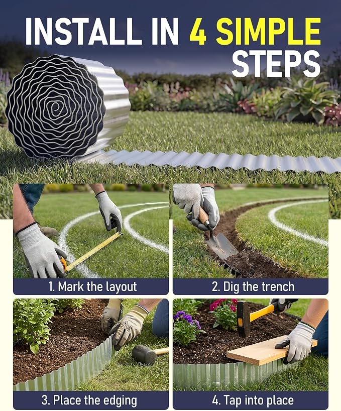 Corrugated Metal Garden Edging, 6"×40Ft Landscape Edging Border for Garden, Flower Bed, Lawn and Landscape Edging (Silver)