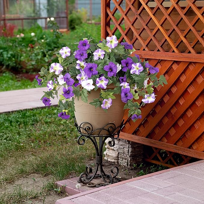 Ammyoo Artificial Fake Flowers Plants for Outdoor Decoration, 2PCS Faux Petunias Silk Flower UV Resistant No Fade for Home Outside Garden Balcony Yard Porch Realistic Indoor Decor (Purple White)
