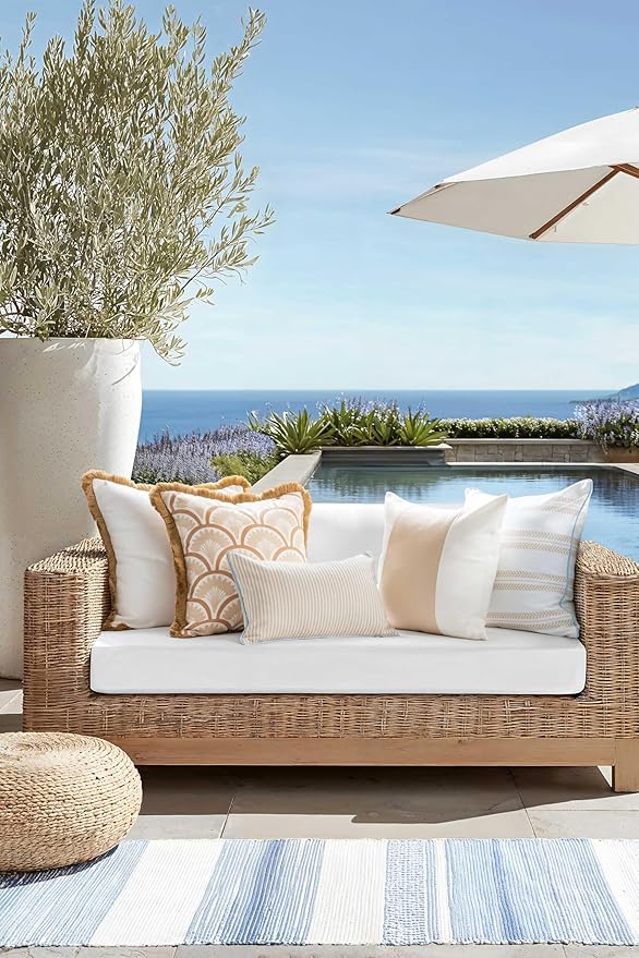 Hofdeco Premium Coastal Hampton Patio Indoor Outdoor Throw Pillow Cover Only, 20"x20" Water Repellent for Backyard, Couch, Poolside, Neutral Tan Print Tropical Ravenala Palm Tree