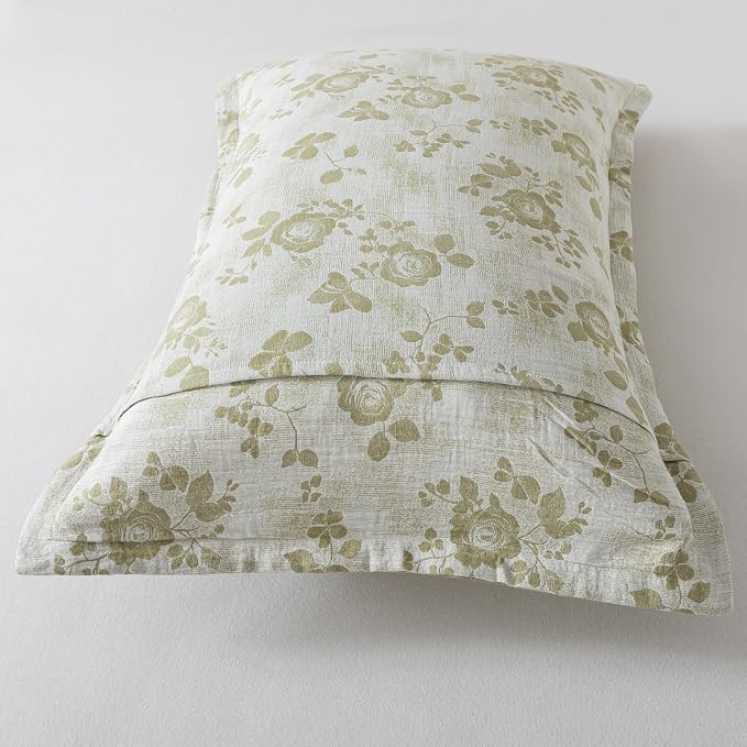FADFAY Sage Green Sheets Set Queen 100% Cotton Washed Double Gauze Muslin Bedding 4Pcs Vintage Rose Floral Sheets Shabby Cottagecore Bedding Soft & Breathable Deep Pocket Fitted Sheet, Queen Size