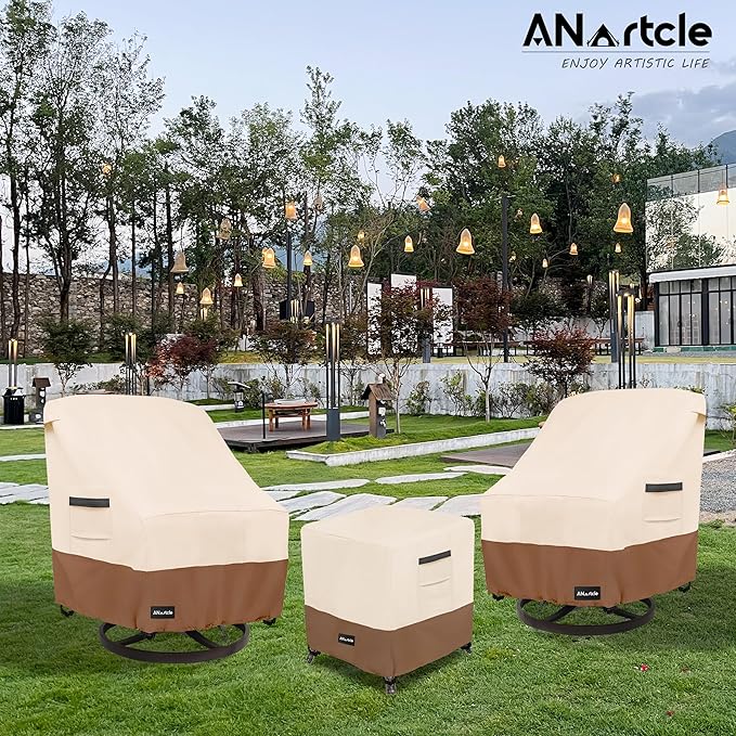 ANartcle 3 Pieces Patio Bistro Sets Cover,600D Waterproof Heavy Duty Patio Furniture Covers,Includes 2 Outdoor Swivel Chair Covers and 1 Patio Wicker Side Table Cover(Beige&Brown)