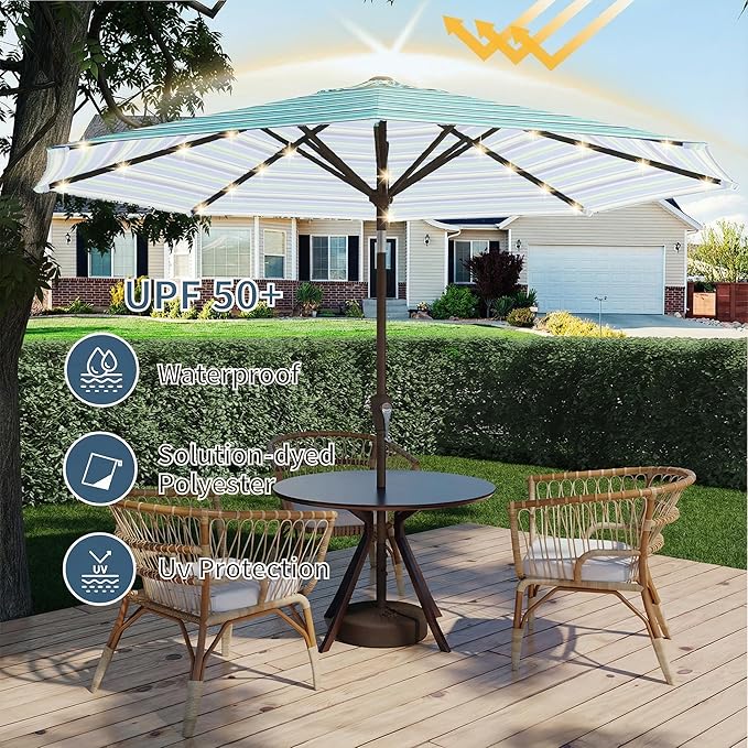 9FT Patio Umbrella with Solar Lights,Outdoor Market Umbrella with Tilt and Crank, LED Lighted Table Umbrella for Garden,Deck,Backyard,Pool,Beach