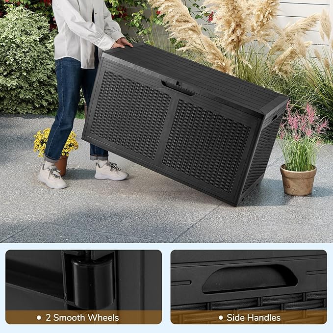 Moccha 100-Gallon Outdoor Storage Box - Waterproof Resin Deck Box with Lockable Lid & Wheels, Faux Rattan Outdoor Storage Bench for Pool Accessories, Garden Tool, Patio Furniture Cushion (Black)