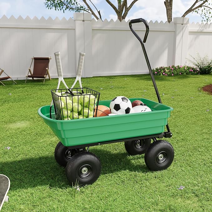 Heavy Duty Garden Dump Cart with 1200 Lbs Capacity – 4 Cu.Ft Yard Utility Wagon with 10" All-Terrain Tires, 180° Adjustable Handle & Quick-Release Tipping for Soils, Plants & Tools, Green