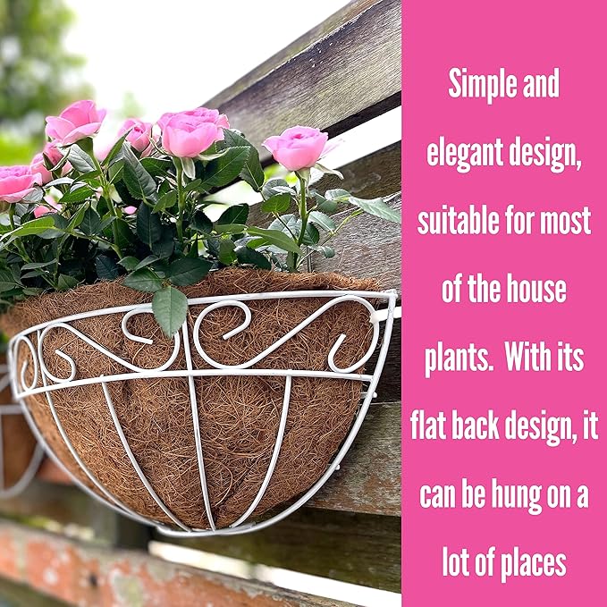 LalaGreen Bundle - 2 Pack,12 inch + 2 Pack,14 Inch White Metal Wire Hanging Planter with Coco Liner, Elegant Herb Flower Baskets Fence Railing Deck Balcony Wall Mount Outdoor Garden Patio Porch Decor