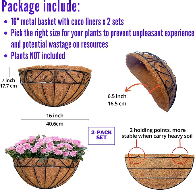 LaLaGreen 16 Inch Wall Hanging Planters - 2 Pack, Large Wall Mounted Flower Basket with Coco Liner, Black Metal Horse Trough Window Herb Pot Holder Outdoor Plants Fence Rail Railing Deck Porch Balcony