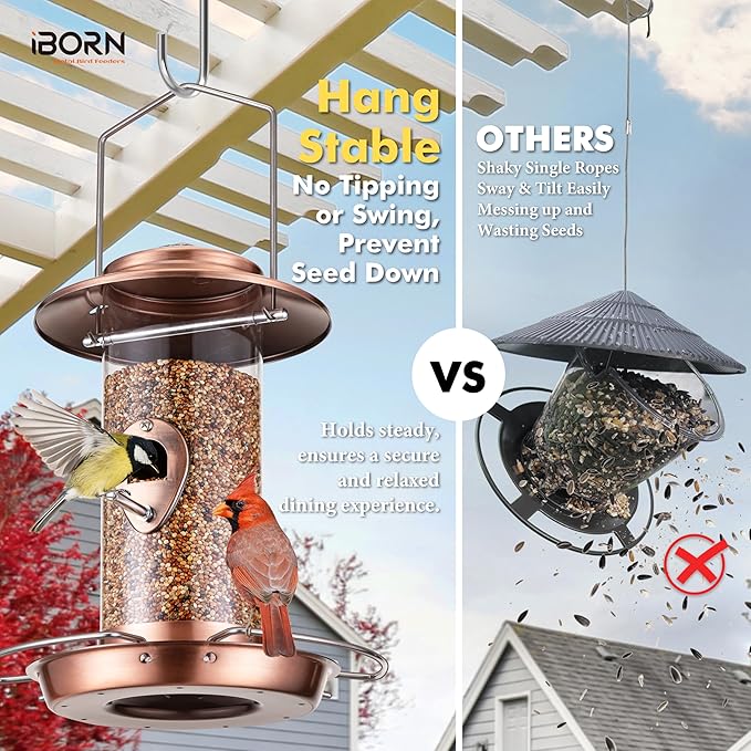 iBorn Bird Feeder Squirrel-Chew Proof Metal Hanging Birds Feeder Bird Feeders for Outdoors Hanging Outside for Cardinal, 3 Perches with 2 Feeding Ports, Brushed Copper (Seed is not Included)