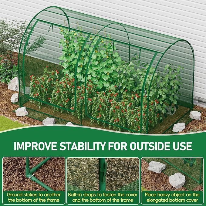 SPECILITE 122x72x72in Garden Plant Netting Mesh Cover for Raised Bed with Roll-up Zipper Door for Vegetables Fruits, Large Tunnel Gardening Net, Green