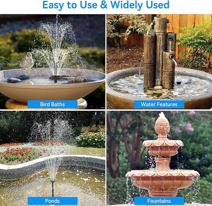 POPOSOAP Solar Fountain Pump for Bird Bath, 6.5W Solar Water Fountain Pump with Dry-Run Protection & Double-Layer Nozzles 5Ft Tubing for Pond, Bird Bath, Backyard Water Features