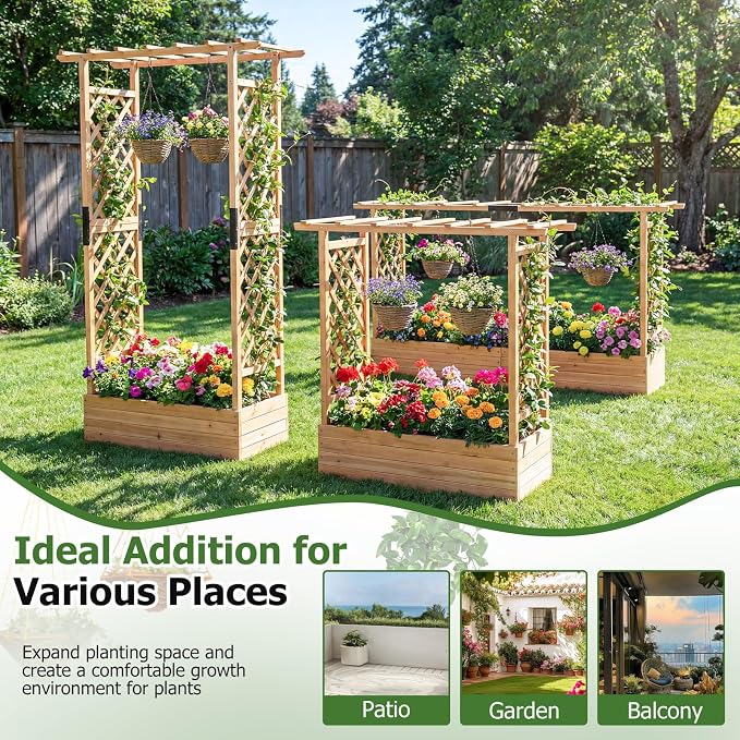 HAPPYGRILL Raised Garden Bed with Trellis, Freestanding 45" Wood Planter Box w/Hanging Roof & 8 Drainage Holes for Vine Climbing Plants Flowers, Outdoor Wood Elevated Garden Bed for Patio Yard