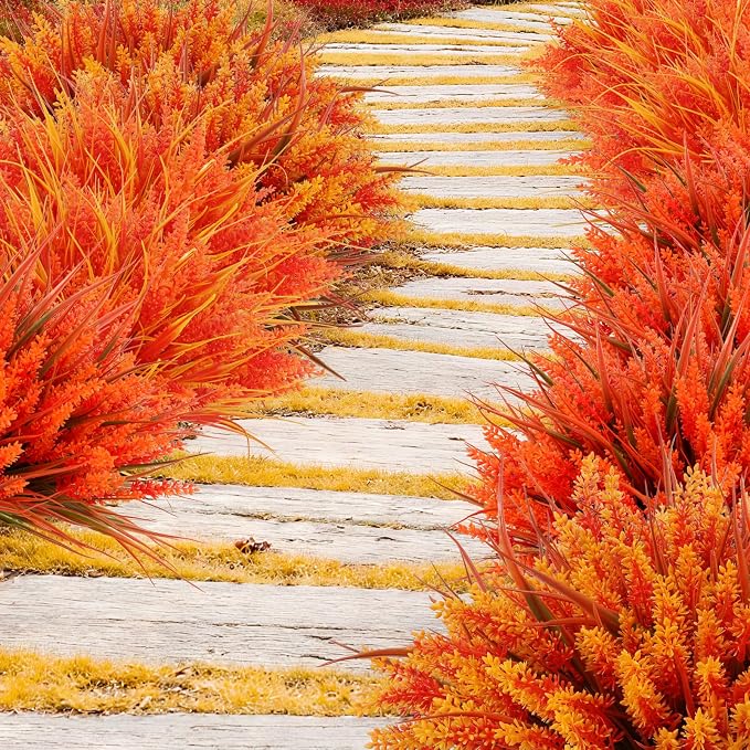 24 Bundles Artificial Fall Flowers Outdoor, Faux Lavender with Monkey Grass | UV Resistant Plastic Faux Plants for Garden Porch Patio Home Decor, Autumn-orange Color