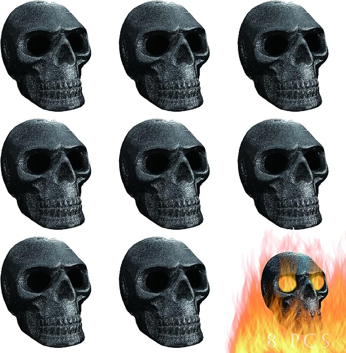 Imitated Human Skull Gas Log for Indoor or Outdoor Fireplaces, Made of Metal, Durable for More Than 10 Years，Fire Pits Halloween Decor Skull Charcoal (Fireproof)(Refractory) (8 PCS)