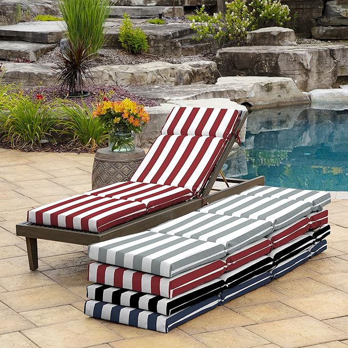 Arden Outdoor Chaise Cushion, 21 in x 72 in, Weather-Proof, Rain-Proof, Fade Resistant Patio Cushion for Chaise Lounger Ruby Red Cabana Stripe