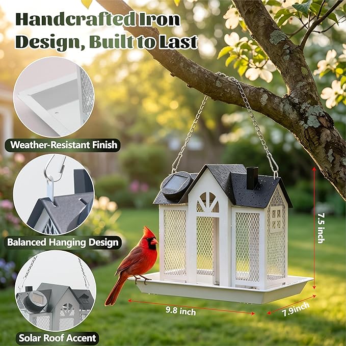 Solar Bird Feeder for Outdoors Hanging – Heavy Duty Metal Wild Bird Feeders with Solar Light & 5 Bird ID Cards – Chew Resistant Seed Feeder for Cardinal, Unique Gifts for Mom