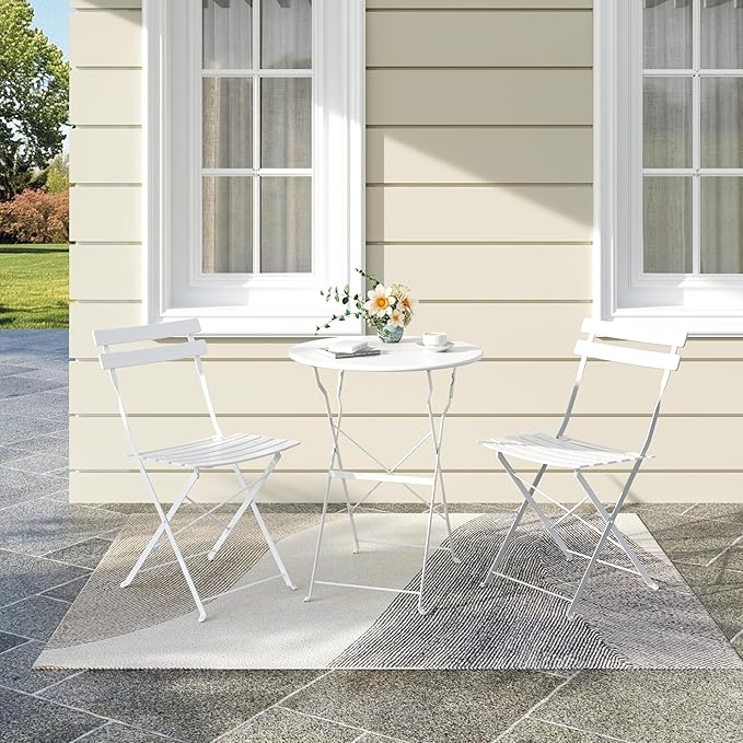 Bistro Table and Chairs Set of 2, 3 Piece Outdoor/Indoor Folding Patio Bistro Sets, 2 Chair Patio Furniture Set with Table, Premium Frame Foldable Coffee Tables for Balcony, Yard, Garden, White